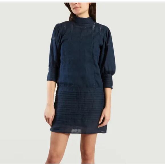 Mes Demoiselles Bianca Dress Eyelet Womens 100% Linen Size 34 Dark Blue - Picture 1 of 10